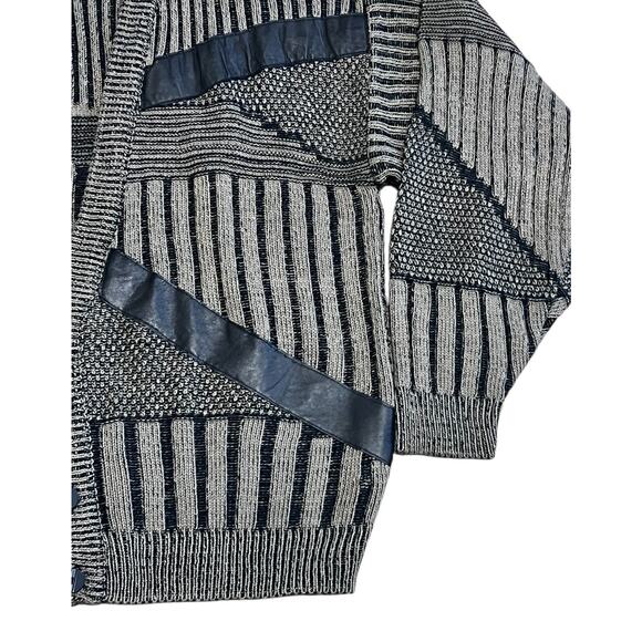 Vintage 90s Marquis Cardigan Sweater Patchwork Leather Grunge Rock XL Korea - Picture 2 of 5